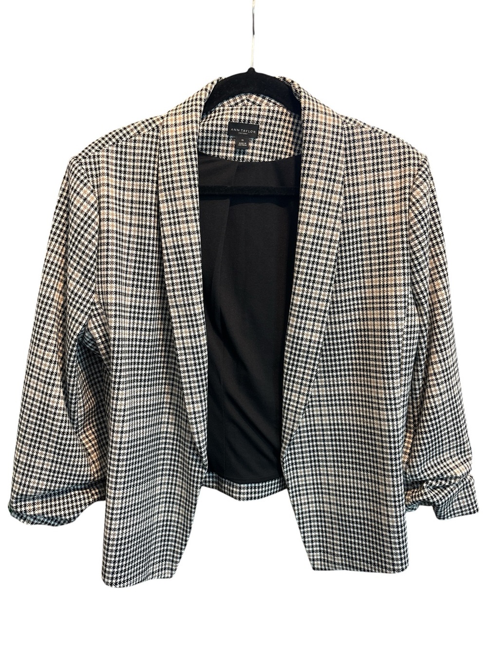 Ann Taylor Factory Glen Plaid Houndstooth Gathered Sleeve Blazer Cropped Xl
